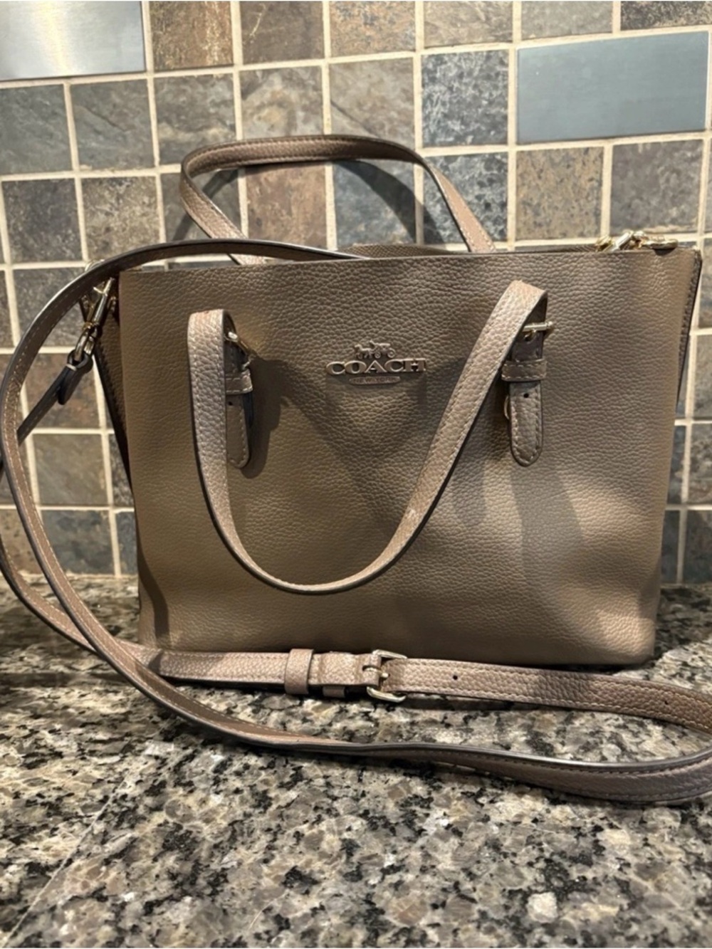 Coach Mollie Tote Crossbody Bag 25 CV966 Dark Stone Pebble Leather